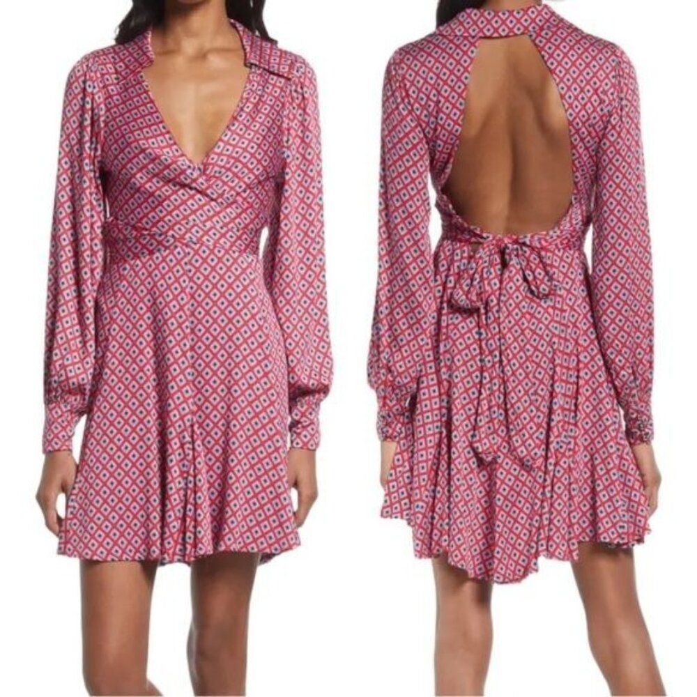 New Free People Long-Sleeve Wrap Dress Open Back & Tie Detail in Red Geometric S